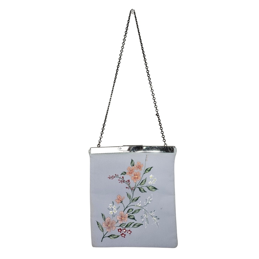 Laura Ashley Silk Floral Embroidered‎ Evening Bag Purse Silver Frame Chain VTG